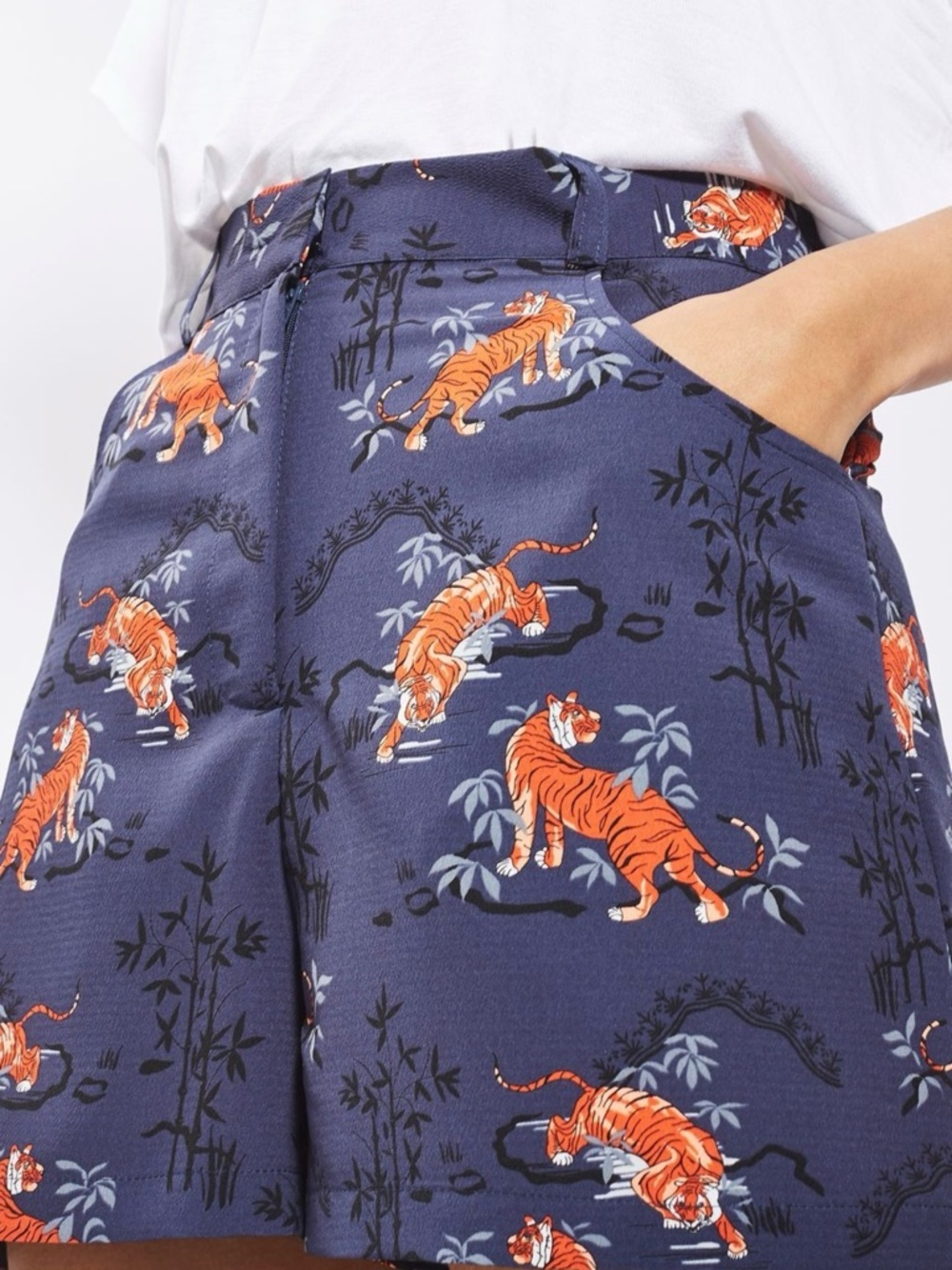 Topshop Navy Shorts with Orange Tiger Print